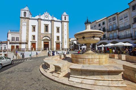 A fountain and historic building in Evora, Portgual