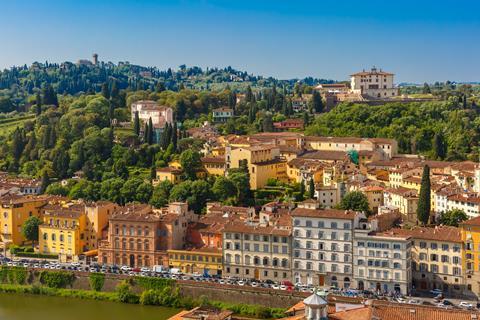 View of Oltrarno and Forte di Belvedere on the south bank of the River Arno