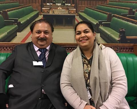 Balwinder (right) with her husband before receiving her community award at the House of Commons. 
