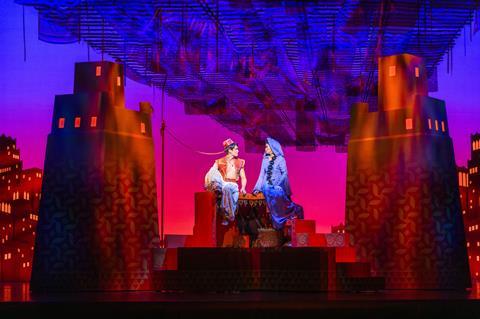 Gavin Adams and Desmonda Cathabel as Aladdin and Jasmine in the UK tour of Aladdin