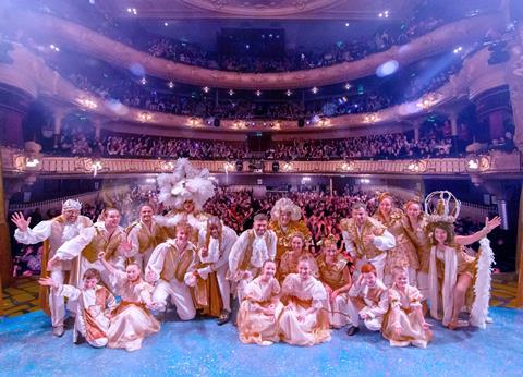 The cast of the 2022 pantomime at King's Theatre, Plymouth on stage