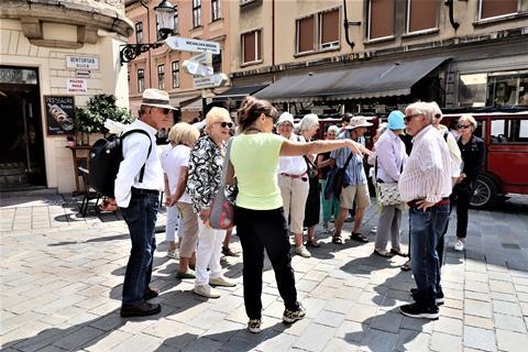 Members of Gwen Wright's group are given a sightseeing tour of Bratislava.