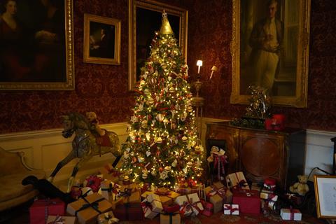 Christmas tree with presents at Stourhead House