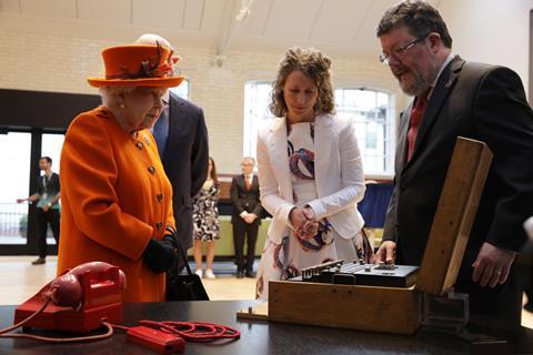 Her Majesty The Queen at the Science Museum on 7 March 2019, with objects from the upcoming Top Secret exhibition including Enigma M1070.