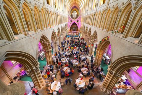 An overhead view of the Cider & Cheese Festival in Wells Cathedral