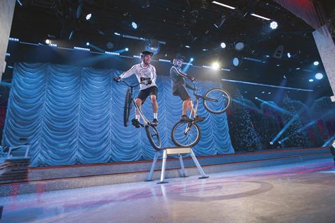 Danny and Ash Butler performing stunts on their bikes at Thursford Christmas Spectacular