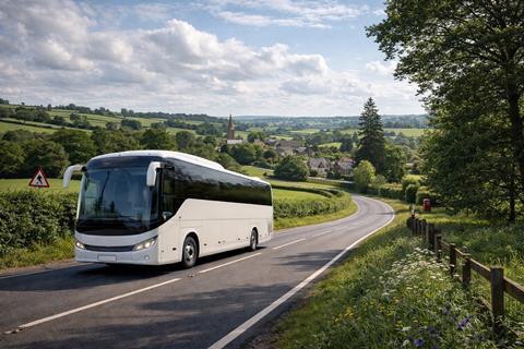 Coach travelling through British countryside