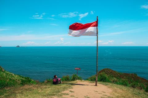 Boy looking at the Indonesian flag in Indonesia