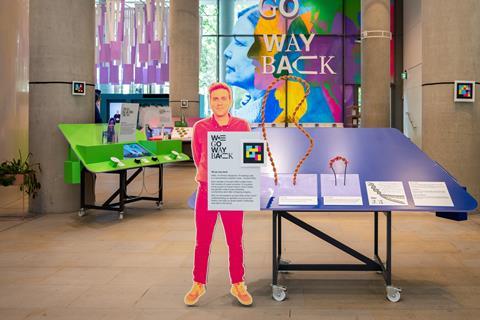 A cardboard cutout of a man as part of an exhibition at the Francis Crick Institute