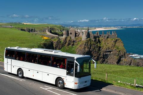 Coach Touring stopping at Dunluce Castle as it tours the North Antrim Coast