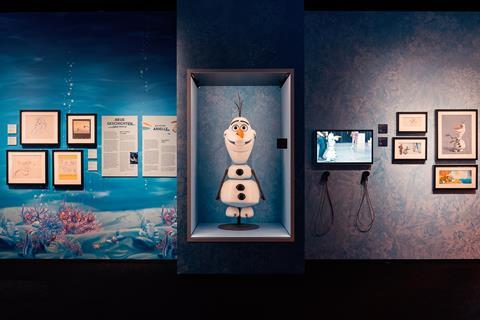 Olaf the Snowman from Frozen the Musical puppet on display at Disney100: The Exhibition in London
