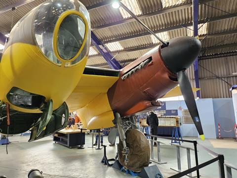 A close up of an aircraft on display at the de Havilland Aircraft Museum