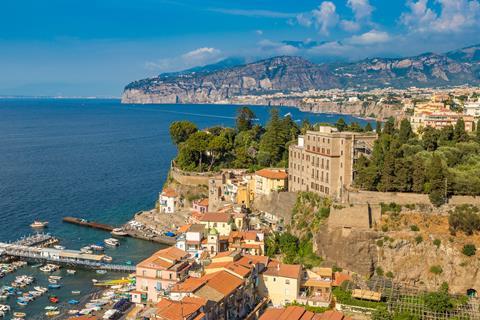 An aerial view of Sorrento on the coast in Italy.