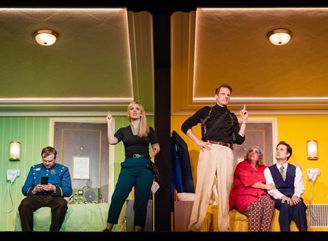 Chris Leask (left), Charlie Russell (centre left), Dave Hearn (centre right), with Nancy Zamit and Henry Shields (right), in The Comedy About Spies.